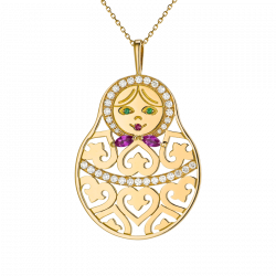 Pendentif Matriochka or jaune, couronne de diamant, yeux emeraude, bouche et noeud rubis,