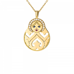 Pendentif Matriochka or jaune, couronne de diamant, yeux emeraude, bouche et noeud rubis,