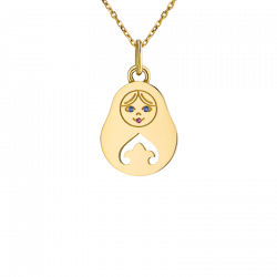 Pendentif Matriochka petit modele en or jaune, yeux saphir, bouche rubis