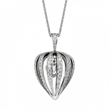 Pendant Amour en Cage in white gold and diamonds with a Coeur Légendes enclosed